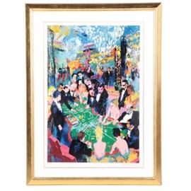 LeRoy Neiman 1994 Signed Limited Edition Serigraph "Baccarat": A signed limited edition 1994 serigraph on paper by very well-listed American artist Leroy Neiman (1921 – 2012), titled Baccarat. The print depicts a lively scene where several figures in stunning gowns and tuxedos gather around a table to play the card game. The print is signed and numbered 3/250 in pencil to the lower corners. It is matted in white with gold tone lining and is presented behind glass in a wooden frame with gold tone finish and a hanging wire. A certificate of documentation is housed in a folder to the verso.
