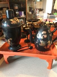 Unusual wooden shaker and tea sets on a great little tray