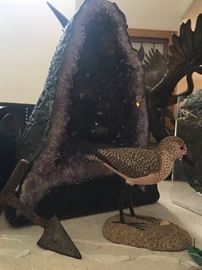 Large amethyst is brilliant in the sunshine - and this hand painted wooden bird is pretty cute too