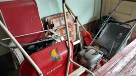 Lawn mover, wheel barrow, outdoor furniture, folding chairs