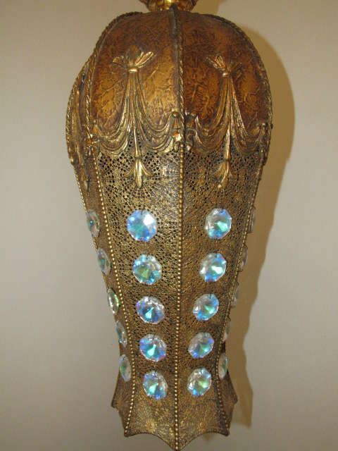 Mid Century Modern Hanging Gold Filigree and Opalescent Stoned Hanging Chain Lamp.  Very cool!