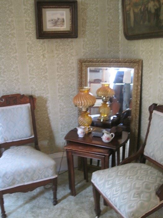 Victorian chairs & stands & mirror