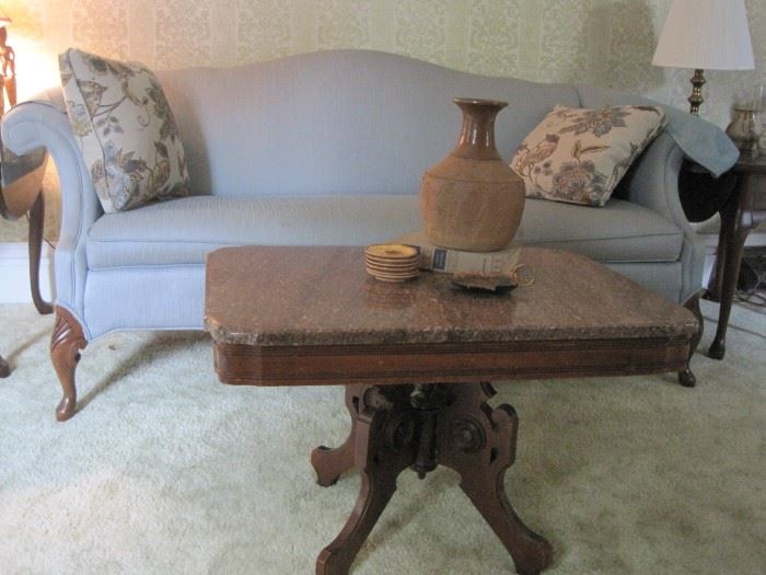 sofa, end tables & marble top coffee table