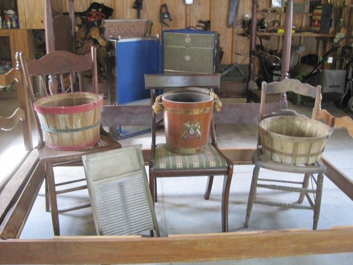 chairs, bed, washboard & trunk