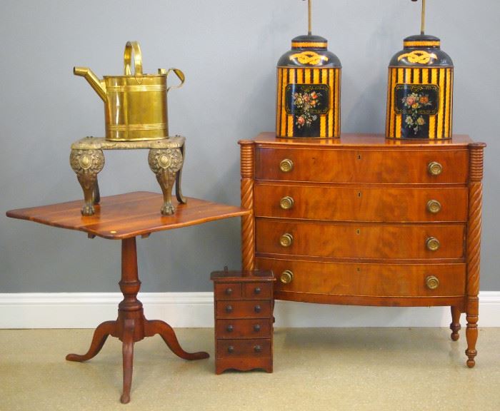 8.11 Mass bowfront chest, mini chest, Cherry tip table, Tobacco tin lamps, Brass footman, watering can