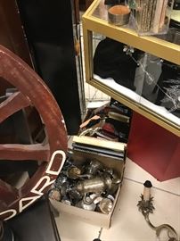 silver wind chimes and a display case