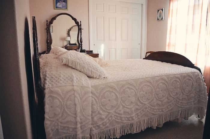 Antique Full Bed with Head & Footboard, Chenille Bed Covering & Shams