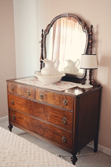 Antique Dresser with Mirror, Wash Pitcher & Basin, Lamp