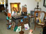 records, trunk, antique rocker, Universal sewing machine