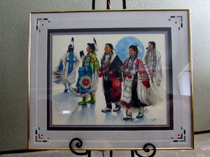 Dorothy Sullivan's "Woman's Dance"  Cherokee. Ms Sullivan's ancestors came from Georgia to Oklahoma along the "trail of tears" and her work exhibits her proud heritage. She is an award winning artist. Beautifully mounted to contribute to the picture, not detract from it. 