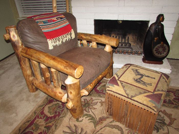 Hewn Log Chair with Brown Leather Seat – Handmade Log Frame - 32” Wide x 34” Deep x 34” Tall - Comfortable 20” Seat 