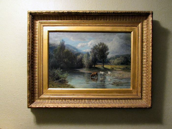 John Smart, Scottish artist – 1897-1898 Original oil on canvass “On the Dalchanzie” River Landscape with Cattle. In it’s original frame. Excellent condition. Beautiful piece. 32” Tall x 36” Wide
