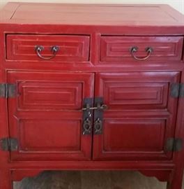 Red Chinese Bedside Chest 2 Drawer 2 Door – 19th century Elm Wood with Original Bronze Hardware 28” Tall x 26” Wide x 15” Deep