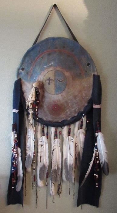 Native American Shield Shoshone – “Sundance Visions” , Genuine work by artist Geyata Ajilvsgi maker of Traditional Plains Shields, provenances are included 