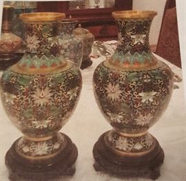 Pair of Chinese Cloisonne Brass Enamel Bottle Vases
