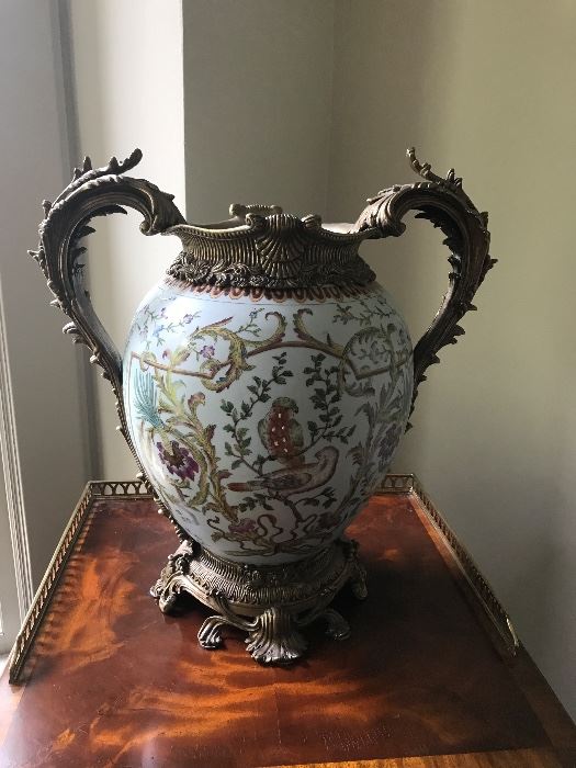 18" Hand Painted Urn w/ Decorative Metal