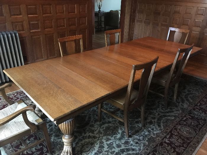 Antique Quarter Sawn Oak Clawfoot 48" Square Dining Room Table w/ Ornate Beaded Apron & Stretchers; includes Six 1' Leaves w/ Aprons; 10' total length