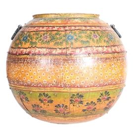 Large Hand-Painted Iron Pot: A large hand-painted iron pot. This pot features a spherical shape with a multicolored floral design. There are two loop handles at either side.