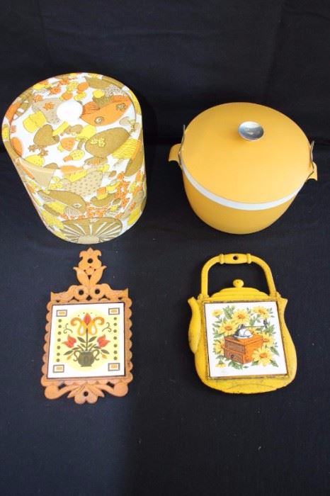 Vintage Hot & Cold Serving Set: mid-century mustard gold, orange & brown serving set with ice 8" ice bucket and 8" hot or cold serving bowl with lid by Sunfrost Therm-o-ware Dishwasher safe unbreakable made in U.S.A. along with two trivets made in Japan one marked with trademark stamp. This lot is in very good condition and shows little wear, if any.