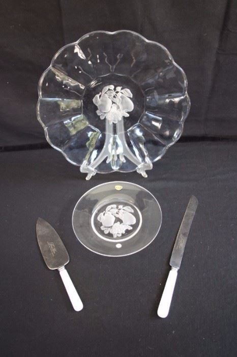 Crystal Serving Lot with Cake Servers: 13" Torte Plate and 8" plate made in Brussels, Belgium by Val St Lambert (signed), two Treasure Masters stainless steel cake servers with "Mother of Pearl" handles 10" and 12") made in Sheffield, England . In excellent condition, as if never used.