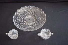 3-Piece Fostoria American Hostess Set: includes clear 13" shallow (1-7/8") fruit bowl and 3" cream and 3-1/2" sugar. This lot is in very good condition and shows little wear, if any.