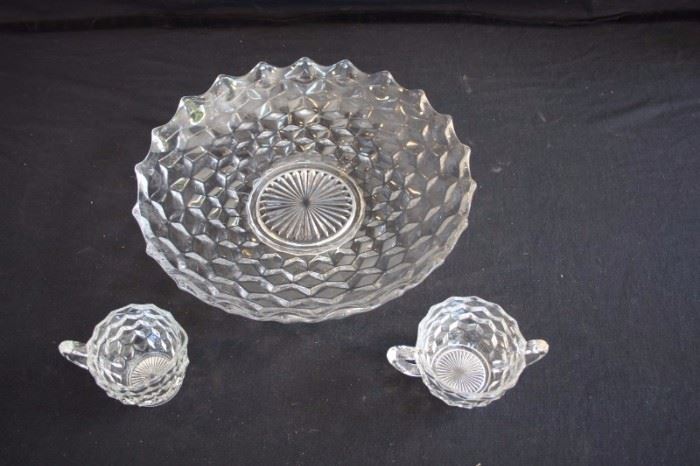 3-Piece Fostoria American Hostess Set: includes clear 13" shallow (1-7/8") fruit bowl and 3" cream and 3-1/2" sugar. This lot is in very good condition and shows little wear, if any.