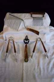 5-Piece Utensil Set with Tiger Brown Bakelite Handles: including 7-1/2" tongs and 6-1/2" tongs can opener with scoop and Angel Food Cake cutter and holder for slicing meat. 