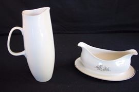 Franciscan China Made in California: 1 gravy boat in the Fremont pattern with gold trim gold trim on under plate, tall pitcher #85 trimmed in gold very plain pattern that will go with any set Made in USA.