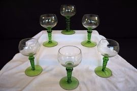6 Green Stemmed Crystal Wine Glasses:  with clear crystal bowl and green stems (6" tall) (1930-430's) in excellent condition.