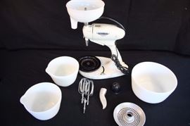 1940 Hamilton Beach Model G Stand Mixer: marked on b ottom WM 651924 D Model Gcomplete with accessories (9 pcs) includes one 2 quart mixing and two 1 quart mixing bowls, all marked PYREX ® Hamilton Beach Racine, Wisconsin MADE IN USA and six other accessories -  juicer attachment and the beaters. This is a very nice vintage Hamilton Beach stand mixer from the 40's. It works good works on all speeds including with the attachments. The cord is also in good shape. It was well taken care of. The mixer pulls off the stand so you can also use it by hand. It has two bowls and the. This lot is good condition and very usable; you can tell that it has been used.