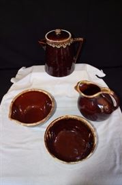 4 Piece Brown Dripware Made in USA: 8.25: serving bowl, 7" tall pitcher oven proof USA, 9" coffee with lid Rubel #914, 8.5" mixing 8" Lip Oven Proof U.S.A. This lot is in very good condition and shows little wear, if any.