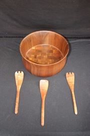 Solid Walnut Salad Bowl with Tongs: 1972 vintage solid American walnut salad bowl which had been treated for durability; it is 11" x 5.5" with the original stickers marked "Lebanon Supply Co. Lebanon, MO Heirloom Walnut Ware Model (# missing) Solid American Walnut Pat. No. 3448883" The 3 tongs from the 70's are 10" one has "Made in Taiwan" sticker. This lot is in very good condition and shows little wear, if any.
