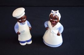 Vintage Salt and Pepper Shakers:  Large porcelain chef and cook, measures 5.5" tall, bottom plugs missing.  This lot is in very good condition and shows little wear, if any.