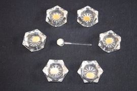 Vintage Salt Cellars with Spoon: Six pressed glass cellars and one glass spoon, with stickers "Bohemia Glass, Made in Czechoslovakia" .  Cellars measure 2" x 2" x .5".Originally used for individual salt during the 1920-40's.  An artist could use them for individual paints. This lot is in very good condition and shows little wear, if any.