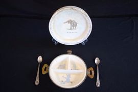 Vintage Baby Dishes and Spoons Lot:  1) 1940's farmed themed partitioned with handles set in metal dish, marked "Excello, Chromium, Made in USA"in good vintage condition 2) Turn of the century "Baby Plate" with elephant center and gold flower surround (faced from age_.  3) These two spoons were a give-away  in the 1950's spoons, marked "Gerber," Winthrop, Silver Plate in good vintage condition.