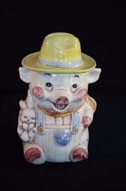 Vintage Pig Cookie Jar:  Farmer pig with bunny and removable straw hat lid.  Stamped "Treasure Craft USA".  This lot is in very good condition and shows little wear, if any.
