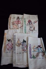 Native American Indian Dish Towels:  5 dish towels 26" x 15", Monday, Wednesday, Thursday, Friday, each hand embroidered with a different native American Indian with different scenes.  Looks like they have never been used.  This lot is in very good condition and shows little wear, if any - no stains, rips or holes.