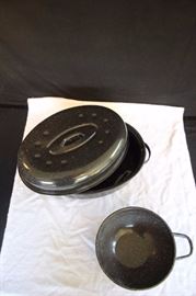 Black Speckle ware Pots and Pans: Covered Roaster 16" long x 12" wide 4" deep with lid", Mixing Bowl is 9" in diameter. These pieces are in very good and useable condition.