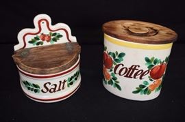 Franciscan Kitchen Containers: Gladding McBean (Franciscan) Strawberry Salt Box measures 8" high by 6.5" wide, Gladding McBean (Franciscan) Coffee Canister measures 6.5" high, 7" x 5" wide. The graphics on both pieces are in very good condition, the wooden lid on the Coffee Canister is slightly faded.