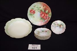 Green Gold Trimmed Dish Lot: 1) Floral plate marked "Bareuther Waldsassen Bavaria- Germany 192, International Porcelain Art Teachers Inc.", hand signed "Reg# 00240 Marguerite Tracy 1982" measures 10" diameter.  2) Salad bowl with six matching plates, sea shell themed, all marked "Limoges France".  Plates measure 6" diameter, bowl measures 10" diameter. This lot is in very good condition and shows little wear, if any - no chips or cracks.