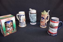 Lot of Five Beer Steins: 9" tall stein with lid with original insert marked with logo W. Germany Original Gerzit Gerz 820-7081 handmade; 8" tall Avon stein marked Handcrafted in Brazil exclusively for Avon Products, 1982 numbered 113359 and labeled Made in Brazil; 7" tall stein marked Olympia Ceramarte...Rio Negrinno SE Made in Brazil Pintado a Mao; 7" Budweiser stein marked Handcrafted Expressly for Anheuser-Busch 1990 Collector's Series "An American Tradition" The World Famous Budweiser Clysdales 8-:Horse hitch and Wagon Rendered by Artist Susan Sampson Made in Brazil by Ceramarte with original paper label; 1998 Budweiser Holiday Stein in original box with all inserts in mint condition and marked Handcrafted Expressly for Anheuser-Busch, Inc. by Ceramarte of Brazil CS343 Grant's Famr Holiday ©1997 Anheuser-Busch, Inc. St. Louis, MO.  The other four steins are in very good condition and shows little wear, if any - no chips or cracks.