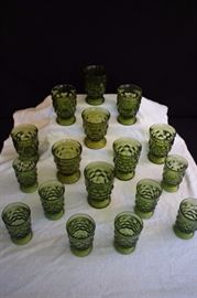 Green Block Optic Glasses:  retro green glasses 17 in the lot: eight 4 ounce juice glasses 4" tall; nine 8 ounce beverage glasses 4.5" tall'.  All This lot is in very good condition and shows little wear, if any - no chips or cracks.