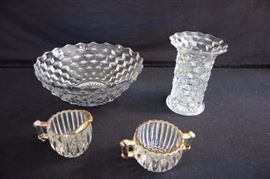Early 1900's Clear Glass Lot:  Fostoria American clear round flared 10.5" bowl 4: high and tall vase with flared lip 7.25" x 5.25" all produced 1915 to 1982; Cream, and Sugar with gold trim produced by Jeannette Glass National  between 1940 and 1950. This lot is in very good condition and shows little wear, if any - no chips or cracks.