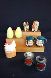 Salt & Pepper Shakers Collection: 2.5" Tin Set from The Cannery Restaurant in Newport Beach also labeled Western Canners Co. has a weathered-aged finish; Four sets are ceramic: 3.75" Toby Mug Set; 3.5" Corn Cob Set; Small (3") marked JAPAN & Large (3.5+") Turkey Set; Chicken=Pepper (2.25") and Basket=Salt (1.75") Set together stands 4". All ceramic sets are in very good condition and shows little wear, if any - no chips or cracks.