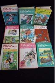 Best in Children's Books Lot:  includes 18 books in mint condition and wonderfully illustrated with dust jackets published by Nelson Doubleday Inc., Garden City, New York and printed in U.S.A.  Each book includes 10 to 12 short stories written by various authors and has 160 pages. Dates of copyright - ten 1960; five 1959;  two 1958; and one 1957. Books look new and may have been been read. Covers have no visible wea. No missing or damaged pages, no creases or tears, and no underlining/ highlighting of text or writing in the margins. Very minimal wear and tear; box has some wear.