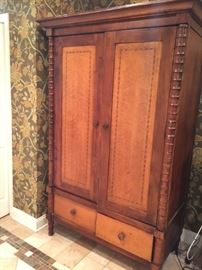 Burl Maple Inlayed 2 Door 2 Drawer Carved Cherry Armoire (51’’ x 27’’ x 79’’)
