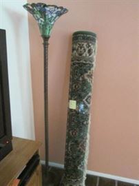 Wool Area Rug, Size:  8'6" X 5' 5", green tones by Kara Mar.  Torchere floor lamp and other floor, table and accent lamps for sale.