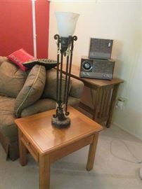 End Table, Lamp shown has a mate.  On console table is a Vintage Zenith AM/FM Radio with Speaker.