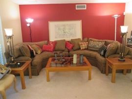 Living Room Overview:  2-Matching Wedge-Style Sofas by Century Furniture Company.  High-end styling and quality!  Rich gold colored fabric.