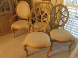 Set of 6 Dining Room Chairs, 2 Arm Chairs and 4 Side Chairs in light color upholstery.  These are very high quality chairs.